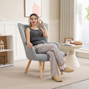 Poltrona de sala em tecido bouclé, poltrona estofada com pés de madeira, 71 x 74 x 96 cm, cinzento claro
