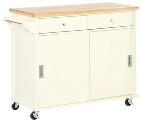 HOMCOM Ilha de Cozinha com 2 Armários Porta Corredeira 2 Gavetas e Barra para Panos Móvel Aparador com Rodas para Sala de Jantar 110x49,5x89,5cm Creme