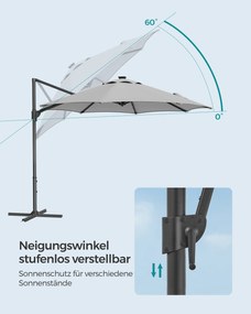 Guarda-sol jardim Ø 300 cm com luzes LED solares UPF 50+ rotativo 360º com base cruzada (SEM PESOS) Cinzento