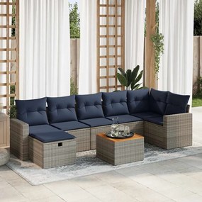 8 pcs conjunto sofás de jardim c/ almofadões vime PE cinzento