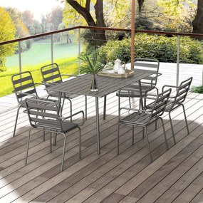 Conjunto de jardim para refeições, composto por 7 peças, com 1 mesa e 6 cadeiras empilháveis em aço cinzento escuro