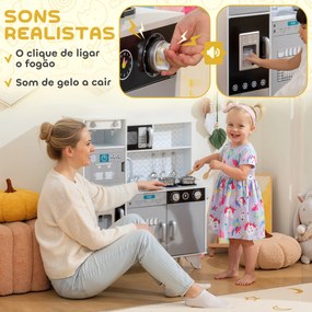 Cozinha de Madeira com Som Acessórios em Aço Inoxidável Micro-Ondas, Máquina de Gelo Cafeteira, Máquina de Lavar Loiça 79,5x24x83,8 cm Branco