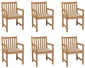 Cadeiras de jardim c/ almofadões beges 6 pcs teca maciça