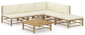 6 pcs conj. lounge p/ jardim em bambu c/ almofadões branco nata