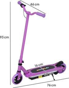Trotinete elétrico para crianças dos 6 aos 14 anos, velocidade máxima de 10 km/h, luzes LED coloridas, travão elétrico, roxo