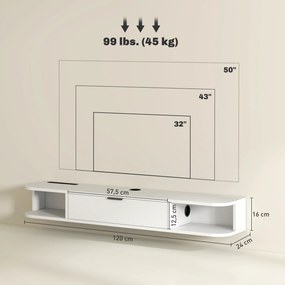 Móvel de TV suspenso, móvel para televisores até 50 polegadas, com gaveta rebatível e 2 prateleiras, 120 x 24 x 16 cm, branco