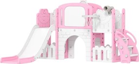 Escorrega Infantil 7 em 1 para Crianças Tema de Sapo com Aro de Basquetebol Túnel Quadro Telescópio de Brincar Trepador 176x150x94 cm Rosa