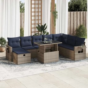 9 pcs conj. sofás jardim c/ almofadões vime PE/acácia castanho