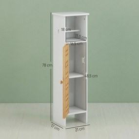 Coluna Casa de Banho Pequena Moderna Móvel Auxiliar Casa de Banho com Suporte para Papel Higiénico 21x17x78 cm Branco e Madeira