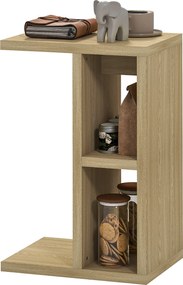 Mesa auxiliar de 3 níveis em forma de C com 2 compartimentos abertos, 40 x 29,8 x 60 cm, carvalho