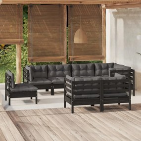 vidaXL 8 pcs conjunto lounge jardim c/ almofadões pinho maciço preto