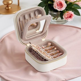 Caixa portátil para joias com espelho, couro PU 10,6 x 10,6 x 6,1 cm branco