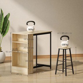 Conjunto de mesa de bar com bancos, compartimentos abertos, prateleira ajustável e apoio para os pés, em carvalho e preto