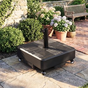 Base para guarda-sol 48 x 48 x 38,5 cm, base para guarda-sol de exterior com rodas, recarregável com 35 kg de areia ou 28 L de água, Preto