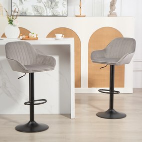 Conjunto de 2 bancos de bar, cadeiras de bar em veludo com encosto, apoio para os pés, altura ajustável e giratórias, na cor cinzenta