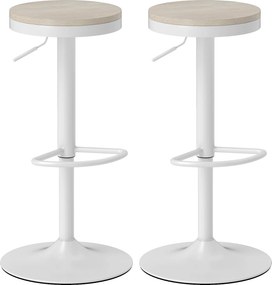 Conjunto de 2 bancos de bar, bancos giratórios com assento em madeira de seringueira, altura ajustável e apoio para os pés, branco