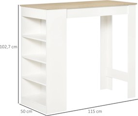 Mesa de bar para 2 pessoas, mesa alta para refeições em pé com 4 prateleiras abertas, 115 x 50 x 102,7 cm, branca e em madeira natural