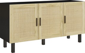 HOMCOM Móvel de arrumação com armários de portas efeito cannage, prateleiras ajustáveis, 136 x 41 x 70 cm, preto e madeira natural | Aosom Portugal
