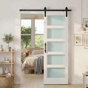 Porta de Correr com Ferragens 71x213 cm Porta de Correr Interior de MDF e Vidro Fosco com Rolo Trilho Guia de Chão Branco
