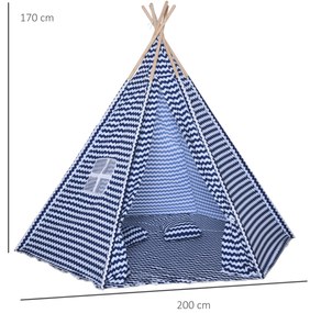 HOMCOM Tenda Infantil Tipi infantil estilo indiano com janela para cobrir o piso e 2 almofadas Bolsa de transporte 200x200x170 cm Azul