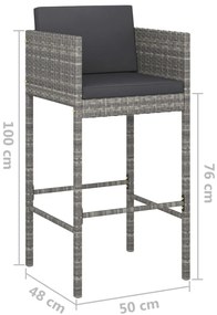 3 pcs conjunto de bar p/ jardim c/ almofadões vime PE cinzento