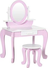 ZONEKIZ Toucador Infantil com Banco Espelho e Gaveta Mesa de Maquilhagem para Crianças entre 3-6 Anos 65,5x46x93cm Rosa | Aosom Portugal