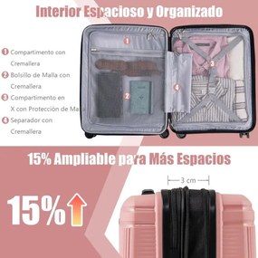 Conjunto 2 Malas de Viagem: mala de mão de 20“ e estojo cosmético de 14” com porta USB. Estrutura em PP com fechadura Rosa