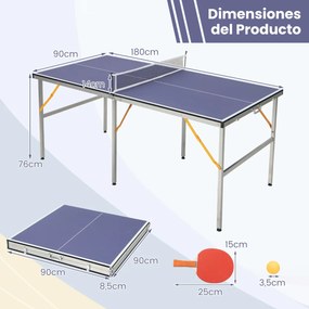 Conjunto de mesa Mesa de pingue-pongue crianças 180 x 90 x 76 cm dobrável com rede 2 raquetes 3 bolas Mesa portátil para uso interior e exterior Azul