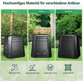 Recipente compostagem de jardim 380 L PP com tampa e ranhuras de ar ajustáveis 78 x 64 x 80 cm preto