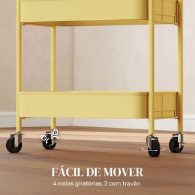 Carrinho Auxiliar com Rodas de 3 Níveis Carrinho de Cozinha com 3 Cestos e 2 Pegas 45x30,6x79 cm Amarelo