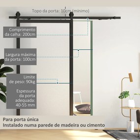 Kit de Ferragens 200cm para Porta Deslizante de Celeiro com Amortecedor Sem Perfuração e 2 Trilhos Preto