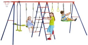 Conjunto de Baloiços para Crianças de Metal 6 em 1 Baloiços para Crianças de 3-12 Anos com 2 Baloiços Cesta de Basquetebol Baloiço Duplo Escada e Argo