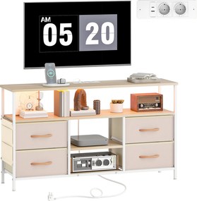 Móvel de TV com Luz LED Tomadas Portas USB 4 Gavetas de Tecido para Televisão até 50 Polegadas 120x30x67,5 cm Bege e Madeira