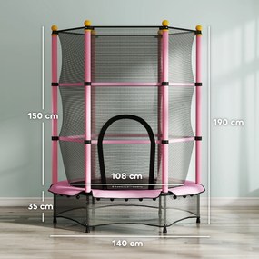 Trampoline Enfant Ø 1,40 × 1,90H m Filet de sécurité Porte zipée Couvre-Ressorts 6 poteaux rembourrés Inclus Rose FR