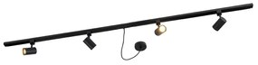 Sistema de trilhos monofásico preto com 4 focos e fonte de alimentação redonda I - Jeana