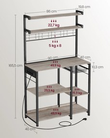 Armario de cozinha com tomadas e cesto 40 x 90 x 165,5 cm greige e Preto