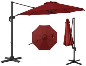 Guarda-sol redondo jardim 294 x 247 cm Guarda-sol suspenso com rotação de 360° Base cruzada 5 inclinações ajustáveis Cor de vinho