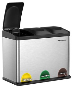 Lixeira SONGMICS, lixeira com pedal, lixeira de metal de 45 litros, lixeira com sistema de separação de resíduos para cozinha, durável, 3 x 15 litros, aço inoxidável, prata e preto LTB45L