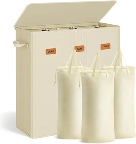 Cesto da roupa suja 160L, 64 x 33 x 75 cm  com três compartimentos, tampa e saco interior lavável creme