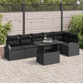 Conjunto de Sofás de Jardim de 7 Peças com Almofadas em Vime Preto