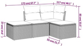 4 pcs conjunto sofás de jardim c/ almofadões vime PE cinzento