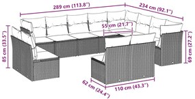12 pcs conj. sofás jardim com almofadões vime PE cinzento-claro