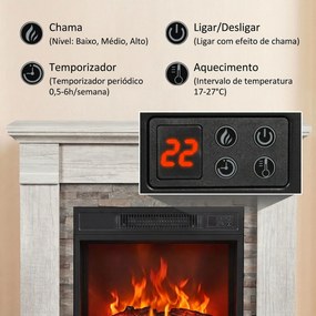 Lareira Elétrica Decorativa 1800W com Efeito de Chama de 3 Níveis, Termóstato, Temporizador e Comando, cor Madeira Natural
