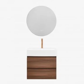 Conjunto De Móvel De Casa De Banho Em Madeira E Chapa De Freixo Com Lavatório Integrado Ona Madeira Escura & Redondo Led E - Sklum