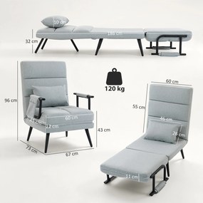 Cadeirão-Cama Dobrável 3 em 1 em Tecido Tipo Linho com Encosto Ajustável e Almofada com Capa Lavável 67x73x96 cm Cinza-Claro