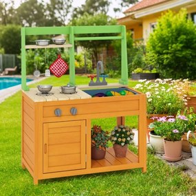 Cozinha para crianças ao ar livre 72 × 38 × 92 cm com fogões realistas, torneira, lava-louça, forno e acessórios de cozinha verde e amarelo