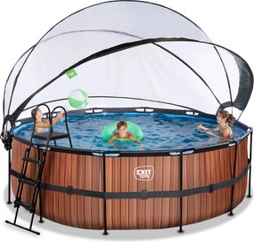 Piscina redonda Wood ø427x122cm com bomba de filtro de areia, cobertura e bomba de calor - Castanha