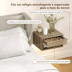 Conjunto de 2 Mesas de Cabeceira Flutuantes 37x32x21 cm com Luzes LED RGB Controlo por APP e Prateleira Aberta Madeira