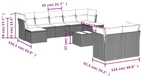 10 pcs conj. sofás jardim com almofadões vime PE cinzento-claro