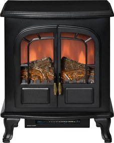 Lareira elétrica tipo fogão 51 x 28 x 60 cm, estilo neo-retro, 2 portas, vidro temperado, 1000/2000 W, LED com luminosidade regulável, aço e ABS, pret